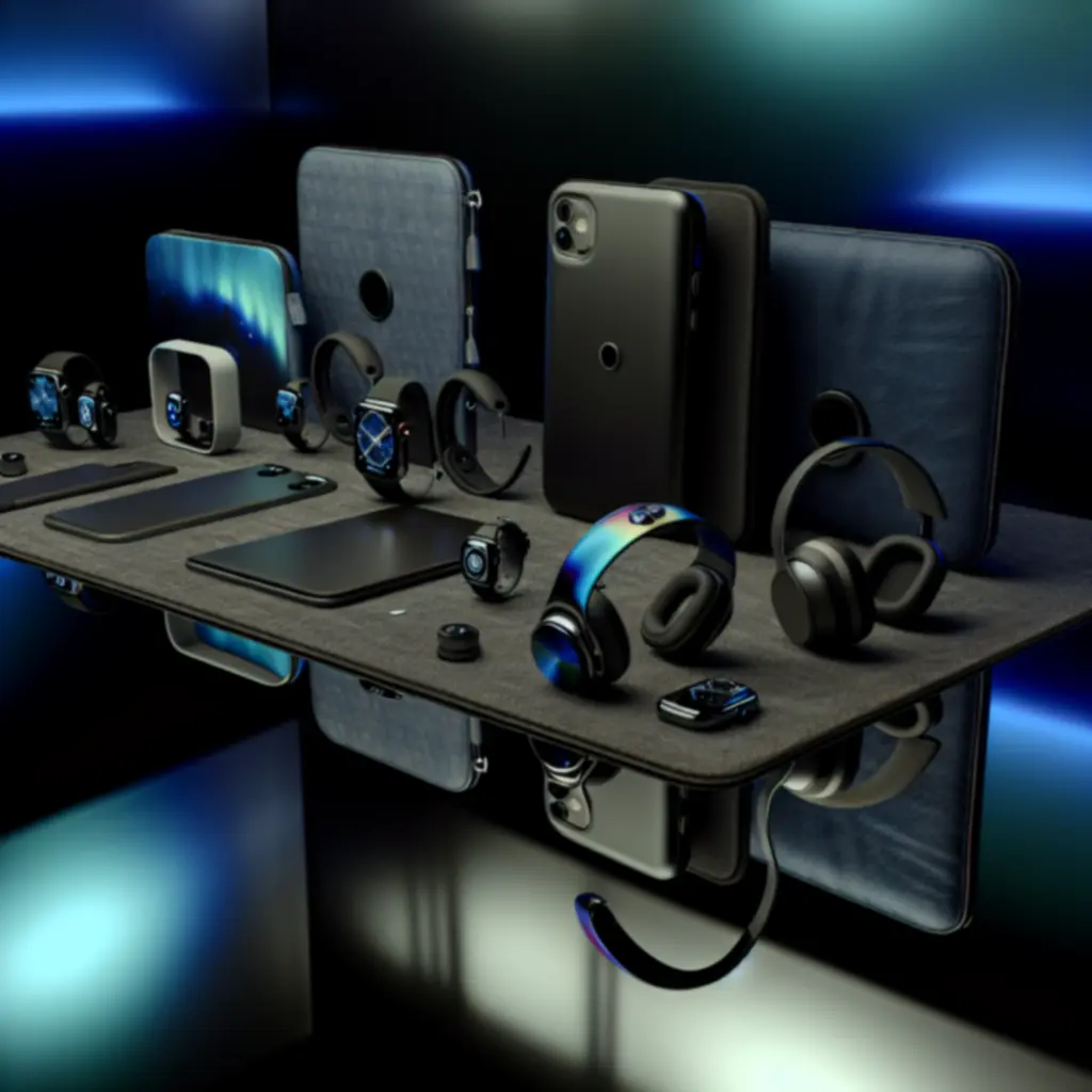 Futuristische collectie van technologische accessoires met oordopjes, smartwatch en andere gadgets