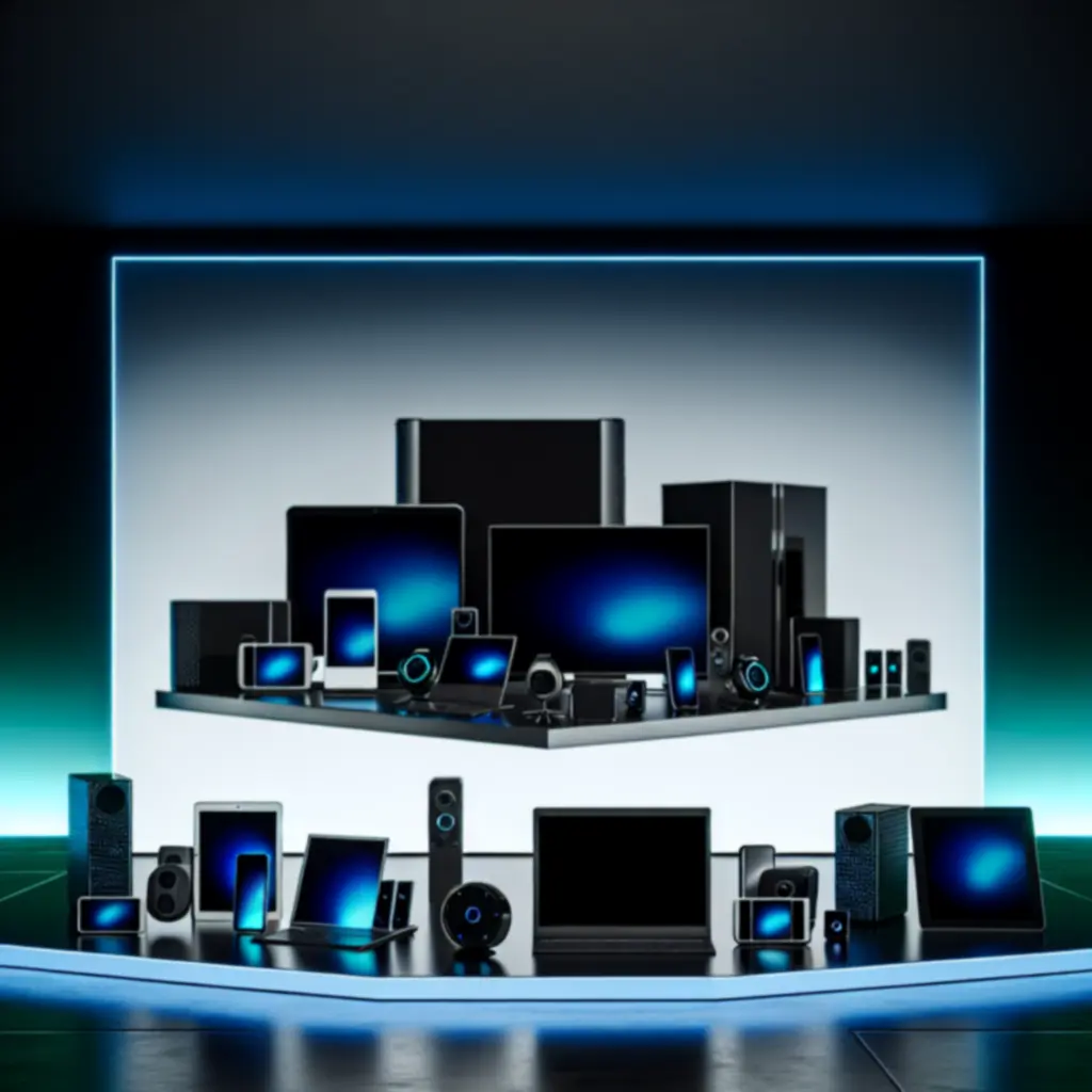 Futuristische collage van gadgets en elektronica in neonblauw en grafiet