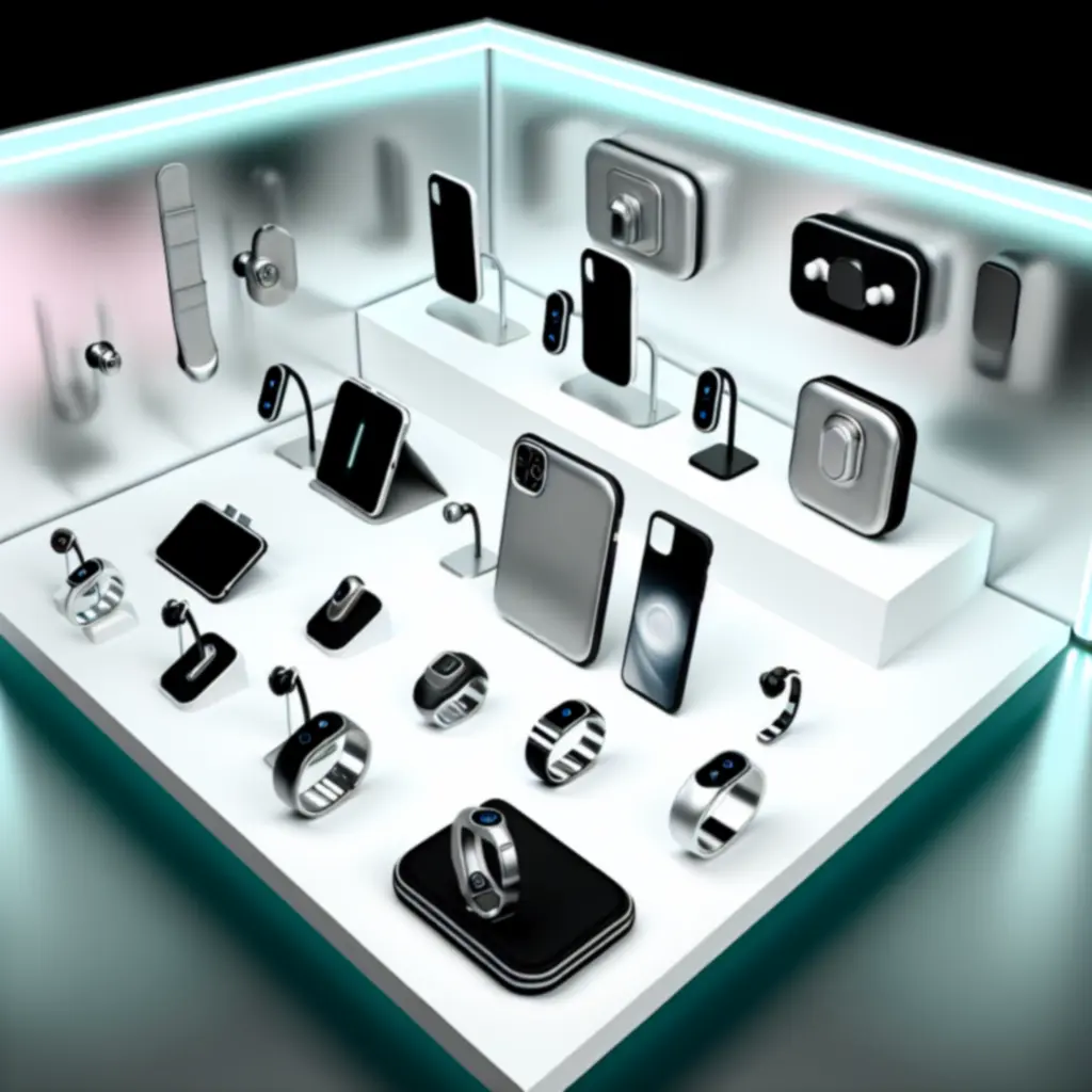 Galerij met verschillende accessoires zoals oordopjes, smartwatches en laptop sleeves