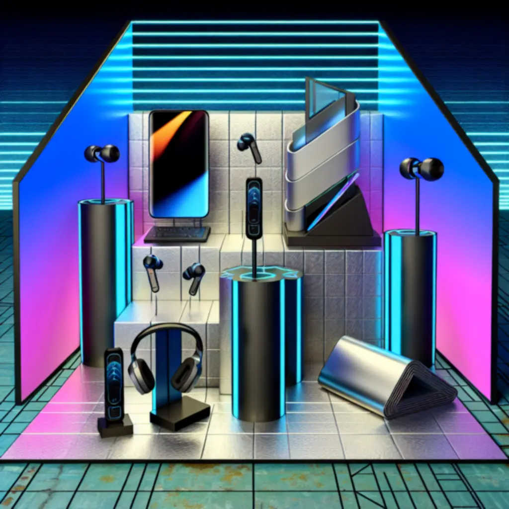 Showcase van uitgelichte gadgets met futuristische belichting