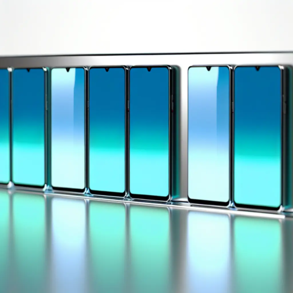 Catalogusweergave van premium smartphones met neonaccenten