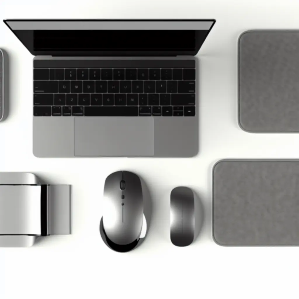 Laptop met accessoires zoals muis, sleeve en dockingstation