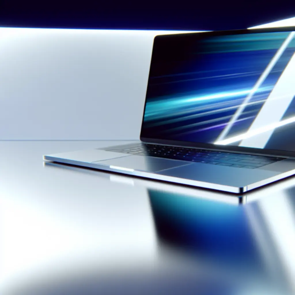 Futuristische laptop in neon‑cyan verlichting