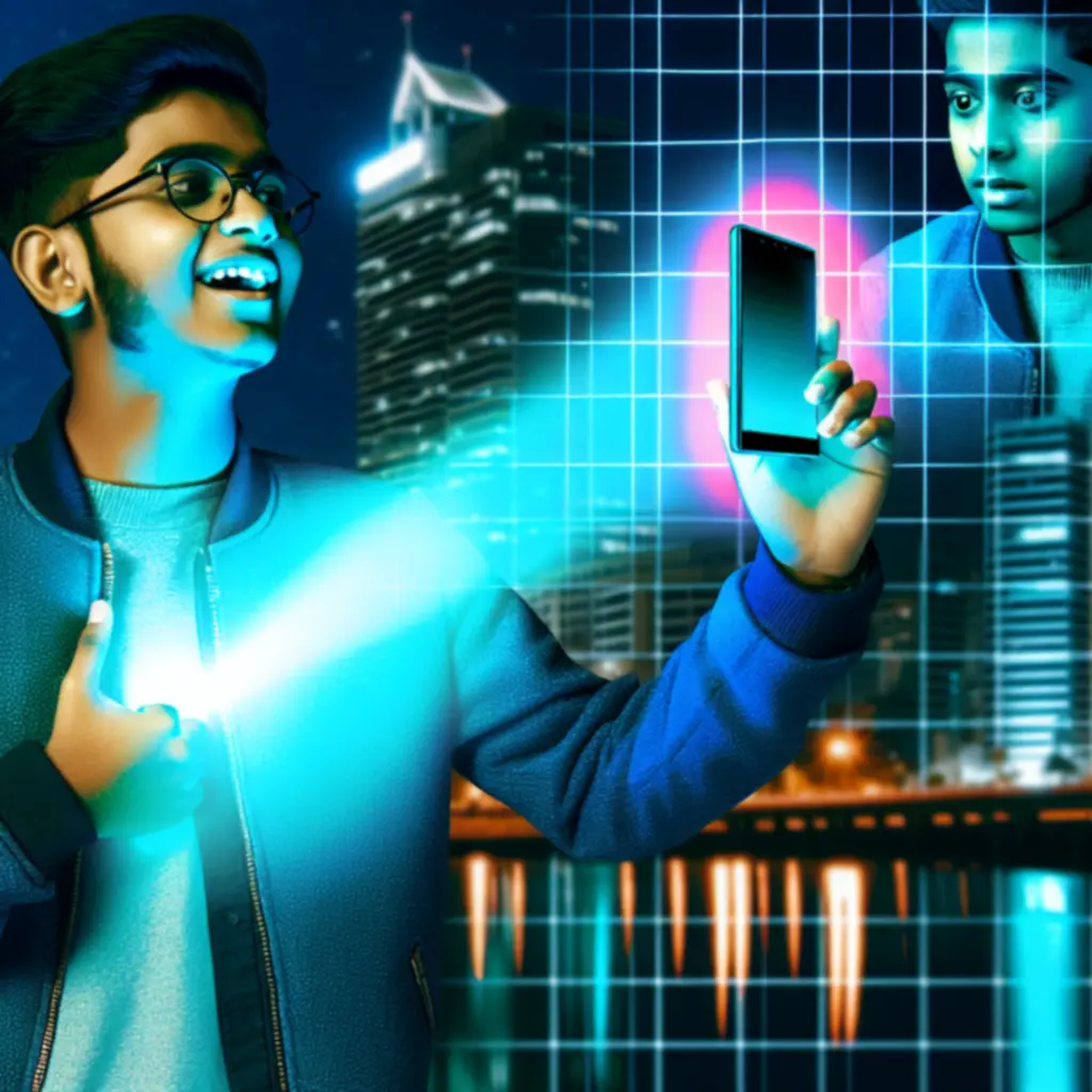 Lifestylefoto van smartphone in dagelijks gebruik in een futuristische setting