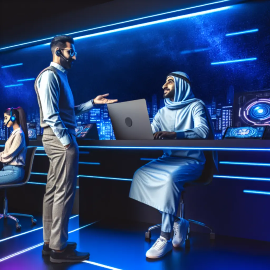 Moderne klantenservice-interface voor GadgetLixir op een futuristisch bureau