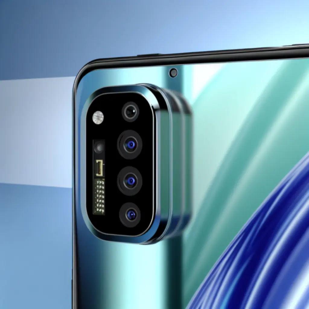 Close-up van smartphone met camera, 5G en futuristische lichteffecten